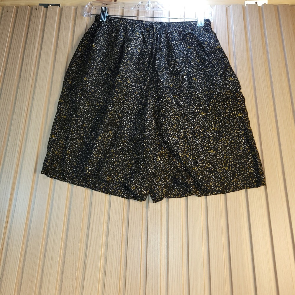 Vintage Clio Black Gold Splatter Print Rayon High Waisted Shorts Womens Medium